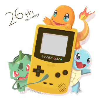 anniversary bright_pupils bulbasaur charmander claws commentary_request drop_shadow fangs fire flame-tipped_tail game_boy game_boy_color gen_1_pokemon handheld_game_console highres nintendo no_humans open_mouth plant pocketekcop pokemon pokemon_(creature) pokemon_day purple_eyes red_eyes simple_background squirtle starter_pokemon_trio tail twitter_username vines white_background white_pupils