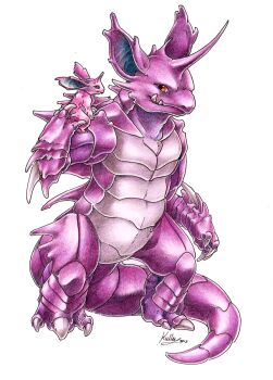 2015 endivinity full_body gen_1_pokemon nidoking nidoran nidoran_(male) nintendo no_humans orange_eyes pokemon pokemon_(creature) realistic signature standing traditional_media white_background