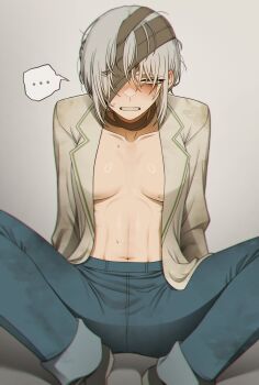 ... 1girl absurdres bandage_over_one_eye blue_pants blush breasts collarbone commentary denim dongbaek_(project_moon) eyelashes grey_background grey_hair highres jeans large_breasts limbus_company medium_hair misg1111 navel pants project_moon sitting solo spoken_ellipsis sweat symbol-only_commentary