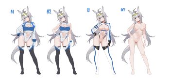 1girl absurdres ahoge alternate_costume animal_ears black_gloves black_thighhighs blue_eyes blush breasts cleavage closed_mouth clothing_cutout commentary_request completely_nude contrapposto expressionless fingerless_gloves full_body gloves grey_hair head_tilt highres horse_ears horse_girl horse_tail jacket leotard long_hair long_sleeves looking_at_viewer medium_breasts multiple_views navel navel_cutout nipples nude oguri_cap_(umamusume) open_clothes open_jacket protected_link pussy race_queen see-through_clothes see-through_leotard simple_background standing tail thighhighs ugohato umamusume uncensored very_long_hair white_background white_gloves white_jacket white_leotard white_thighhighs