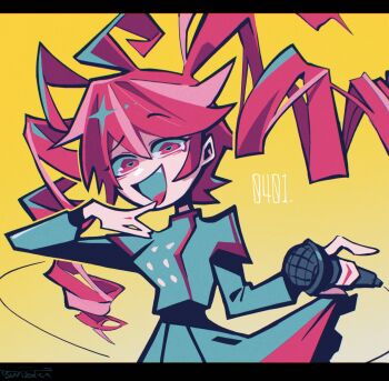 1girl :d ahoge commentary_request drill_hair fang grey_shirt grey_skirt highres holding holding_microphone huge_ahoge kasane_teto looking_at_viewer microphone ojou-sama_pose open_mouth red_eyes red_hair red_trim shirt skirt smile solo tsunzaki twin_drills utau yellow_background