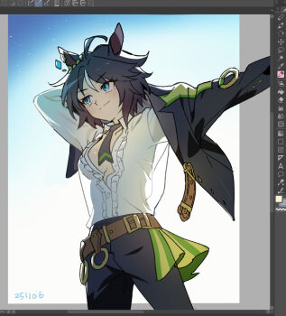 ahoge animal_ears arm_up art_program_in_frame belt black_hair black_jacket black_necktie black_pants blue_background blue_eyes breasts brown_belt closed_mouth collared_shirt commentary cowboy_shot dated ear_ornament earrings fuji_kiseki_(shooting_star_revue)_(umamusume) fuji_kiseki_(umamusume) gradient_background horse_ears horse_girl jacket jewelry long_sleeves medium_breasts multicolored_hair necktie no_bra outstretched_arm pants shirt short_hair single_earring smile streaked_hair symbol-only_commentary ttuk_san umamusume white_background white_hair white_shirt