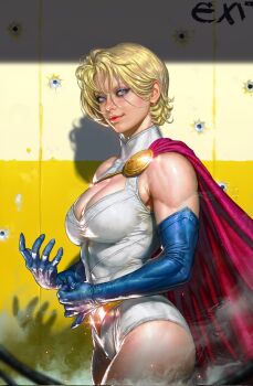 blonde_hair blue_eyes blue_sleeves breasts cape cleavage dc_comics dust from_side highres kyu_yong_eom large_breasts leotard looking_at_viewer power_girl red_cape short_hair white_leotard