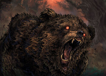 animal_focus bear brown_bear carpet_crawler commentary derivative_work english_commentary fangs forest glowing glowing_eyes grizzly_(inscryption) highres inscryption making-of_available nature no_humans no_pupils official_art open_mouth orange_eyes outdoors solo_focus tree