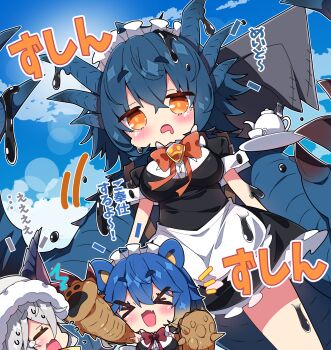 &gt;_&lt; 3girls :d ^^^ absurdres apron arzuros black_dress blue_hair blue_sky bow breasts character_request chibi closed_eyes cloud commentary_request cup day dress drooling fang frilled_apron frilled_dress frills fur-trimmed_hood fur_trim giant giantess gogmazios grey_hair hair_between_eyes highres holding holding_tray hood hood_up large_breasts maid_headdress milkpanda monster_hunter_(series) motion_lines mouth_drool multiple_girls open_mouth orange_bow orange_eyes outdoors personification puffy_short_sleeves puffy_sleeves red_bow short_eyebrows short_sleeves sky smile standing teacup teapot thick_eyebrows translation_request tray v-shaped_eyebrows white_apron xd