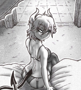 1girl ass back beelzebub_(helltaker) bra breasts demon demon_girl demon_horns demon_tail forenzim freckles helltaker horns lingerie looking_back panties short_hair sitting smile smug tail thighhighs underwear