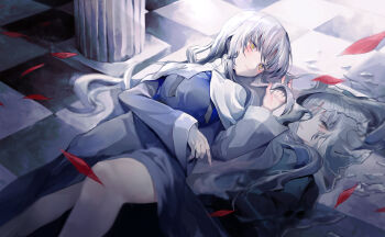 1girl absurdres autumn_leaves blush breasts broken_glass broken_mirror capelet caren_hortensia checkered_floor closed_mouth commentary different_reflection dress falling_leaves fate/hollow_ataraxia fate_(series) frown glass guimpe highres leaf long_hair long_sleeves looking_at_viewer medium_breasts mirror nun on_floor open_mouth pillar reflection shikuwata side_slit smile solo thighs wavy_hair white_capelet white_hair yellow_eyes