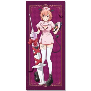 1girl anime_coloring asymmetrical_legwear bandaged_arm bandages bandaid bandaid_hair_ornament bat_(animal) black_boots black_bra blush boots border bra bra_peek breasts checkered_background cleavage cleavage_cutout clipboard clothing_cutout collared_dress copyright_notice demon_tail demon_wings dress full_body garter_straps grin hair_bun hair_ornament hairclip halloween_costume hat head_wings heart_cutout highres holding holding_syringe large_breasts large_syringe looking_at_viewer merchandise_available name_tag nurse_cap official_art orange_eyes orange_hair outside_border oversized_object pink_dress pink_hat platform_boots puffy_sleeves purple_background short_dress short_hair short_sleeves single_garter_strap single_hair_bun single_side_bun smile solo standing syringe tail thighhighs torn_clothes torn_thighhighs two-tone_background underwear white_thighhighs wings yahari_ore_no_seishun_lovecome_wa_machigatteiru. yuigahama_yui zettai_ryouiki
