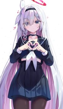 1girl absurdres black_choker black_hairband black_pantyhose black_serafuku black_shirt black_skirt blue_archive blush choker closed_mouth colored_inner_hair commentary_request grey_eyes grey_hair hair_between_eyes hairband halo hands_up heart heart_hands highres long_hair long_sleeves looking_at_viewer midriff_peek multicolored_hair natie neckerchief pantyhose pink_hair plana_(blue_archive) pleated_skirt red_halo school_uniform serafuku shirt simple_background skirt solo very_long_hair white_background white_neckerchief