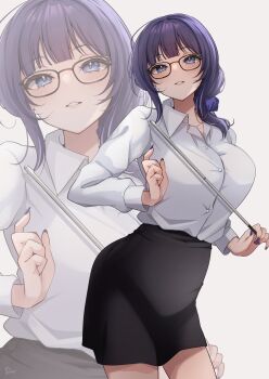 1girl asaka_karin black-framed_eyewear black_skirt blue_eyes blue_hair blue_nails blush breasts collared_shirt commentary_request dress_shirt fingernails glasses grin highres holding holding_pointer large_breasts long_fingernails looking_at_viewer love_live! love_live!_nijigasaki_high_school_idol_club miniskirt pointer pukonuu shirt simple_background skirt smile solo standing teacher white_background white_shirt