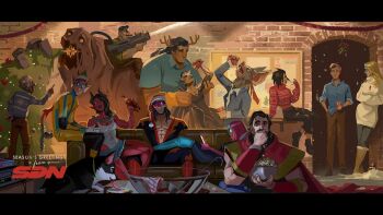 artist_request black_hair blonde_blazer blonde_hair boots bottle brick_wall cape character_request christmas christmas_tree commentary couch coupe_(dispatch) dispatch dog eating english_commentary flambae_(dispatch) food highres holding holding_bottle invisigal_(dispatch) malevola_(dispatch) necktie popcorn punch_up_(dispatch) short_hair sonar_(dispatch) sunglasses sweater