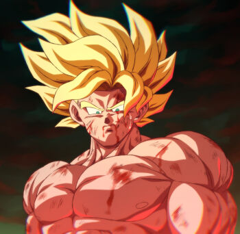 1boy blonde_hair blood blood_from_mouth blood_on_face chromatic_aberration commentary_request cuts disappointed dragon_ball dragonball_z green_eyes injury large_pectorals male_focus muscular muscular_male pectorals rom_(20) scene_reference solo son_goku super_saiyan super_saiyan_1 sweat topless_male upper_body