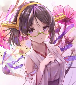 Rule 34 | 1girl, black hair, colored inner hair, cosmos (flower), detached sleeves, flower, glasses, green-framed eyewear, headgear, highres, japanese clothes, kantai collection, kirishima (kancolle), multicolored hair, purple hair, ribbon-trimmed sleeves, ribbon trim, short hair, smile, solo, upper body, womisoba