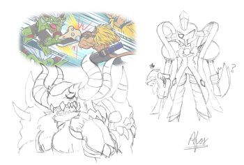 Rule 34 | bancholeomon, chaosmon, darkdramon, digimon, digimon (creature), highres, jealous, leomon, looking at another, monochrome, orgemon, titamon
