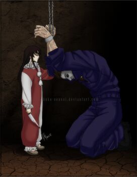 Rule 34 | 1boy, 1girl, 2012, age difference, artist name, bdsm, bondage, bound, chained wrists, clown costume, halloween (movie), holding, holding knife, jamie lloyd, kneeling, knife, mashuradi, michael myers, standing, uncle and niece, white mask, year