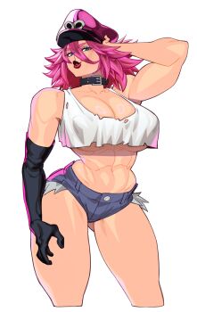 1girl absurdres arm_up blue_eyes breasts capcom cleavage collar curvy drakkaiart elbow_gloves female_focus final_fight gloves gluteal_fold hat highres huge_breasts lips lipstick looking_at_viewer makeup muscular muscular_female pink_hair poison_(final_fight) short_hair short_shorts shorts single_glove solo street_fighter street_fighter_v tank_top thick_thighs thighs underboob wide_hips