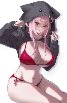 Rule 34 | 1girl, absurdres, animal ears, bikini, black hood, black shrug, blush, breasts, cleavage, commentary, fake animal ears, halterneck, hands up, highres, hololive, hood, hood up, korean commentary, large breasts, long hair, long sleeves, looking at viewer, mori calliope, navel, no pants, parted lips, pink hair, red bikini, red eyes, sagyodo, shrug (clothing), side-tie bikini bottom, simple background, solo, stomach, string bikini, swimsuit, thighs, virtual youtuber, white background