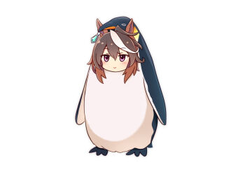 1girl animal_costume animal_ears animal_hood bird bird_costume blush brown_hair closed_mouth earrings emperor_penguin hair_between_eyes highres hood hood_up horse_ears horse_girl jewelry long_hair looking_at_viewer multicolored_hair neko_senshi penguin penguin_costume penguin_hood purple_eyes simple_background single_earring smile streaked_hair symboli_rudolf_(umamusume) umamusume white_background white_hair