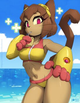 1girl alternate_costume animal_ears artist_name bikini breasts brown_hair cat_ears cat_girl cat_tail commentary curvy dark-skinned_female dark_skin day drink_carton drinking english_commentary furry furry_female gameoverse gauntlets goggles goggles_on_head hand_on_own_hip highres juice_box kit_bodega large_breasts looking_at_viewer midriff multicolored_bikini ocean official_alternate_costume plus_sign red_bikini red_eyes rilex_lenov short_hair swimsuit tail thick_thighs thighs two-tone_bikini whiskers wide_hips yellow_bikini yellow_gauntlets