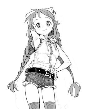 1girl belt braid character_request greyscale hair_ornament hairclip highres long_hair looking_at_viewer monochrome niku-name short_shorts shorts simple_background smile solo thighhighs twin_braids white_background