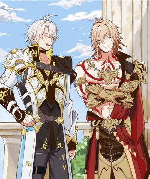 Rule 34 | 2boys, antenna hair, arm tattoo, armlet, armor, black choker, black coat, black gloves, black pants, black shirt, blonde hair, blue sky, braid, chest tattoo, choker, clawed gauntlets, closed eyes, coat, commentary request, crossed arms, earrings, facial tattoo, fingerless gloves, gloves, gold earrings, gold necklace, gradient hair, highres, hino 1407, honkai: star rail, honkai (series), jewelry, leg armor, male focus, medium hair, multicolored hair, multiple boys, mydei (honkai: star rail), neck tattoo, necklace, open clothes, open coat, pants, parted bangs, pauldrons, phainon (honkai: star rail), pillar, red hair, red tattoo, shirt, short hair, shoulder armor, side braid, single glove, single pauldron, sky, sun symbol, sun tattoo, tan, tattoo, thigh strap, white coat, white hair