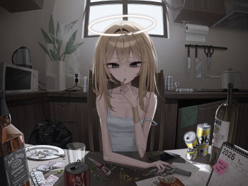 1girl ashal_(mansu) bags_under_eyes black_eyes blister_pack blonde_hair bottle boxcutter breasts broken_halo bullet camisole cigarette commentary_request cooking_pot cut-here_line fallen_angel gun hair_between_eyes halo handgun highres implied_self-harm indoors jack_daniel's long_hair looking_at_viewer mansu_(mansu113355) microwave monster_energy mouth_hold neck_tattoo original pill revolver scissor_tattoo sitting small_breasts smoking solo strap_slip strong_zero tattoo traditional_halo weapon white_camisole