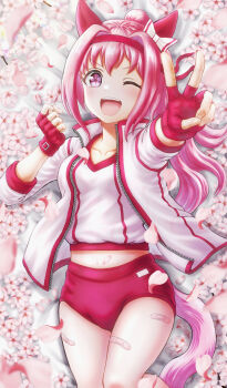 Rule 34 | 1girl, animal ears, bandaid, bandaid on leg, blush, bow, breasts, buruma, collarbone, commentary request, ear bow, ear covers, fingerless gloves, flower, flower-shaped pupils, flower in eye, gloves, haru urara (bestest prize) (umamusume), haru urara (umamusume), headband, highres, horse ears, horse girl, horse tail, jacket, long hair, lying, midriff, navel, on back, one eye closed, open mouth, pink buruma, pink eyes, pink hair, pink headband, ponytail, red buruma, red gloves, red headband, shirt, small breasts, smile, solo, symbol-shaped pupils, symbol in eye, tail, umamusume, v, wajuniorbox, white jacket, white shirt