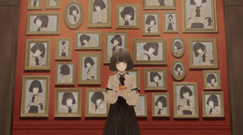 1girl absurdres black_hair bob_cut cevio expressionless food fruit highres knife looking_at_viewer multiple_views orange_(fruit) original photo_(object) portrait_(object) red_eyes short_hair skirt zudxpnz
