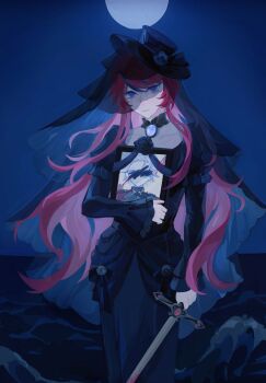 Rule 34 | 1girl, aotsuki eito, black dress, black hat, black jacket, black streaks, blood, blue eyes, censored, censored identity, chinese commentary, commentary request, cowboy shot, dress, funeral veil, gem, genderswap, genderswap (mtf), grey hair, hat, highres, holding, holding photo, holding sword, holding weapon, iei, jacket, last defense academy school uniform, long hair, looking at viewer, moon, multicolored hair, night, ocean, photo (object), red hair, red pupils, school uniform, short hair, solo, streaked hair, sumino takumi, sword, the hundred line -last defense academy-, tingtinghaideshengyin, veil, very long hair, waves, weapon, white gemstone