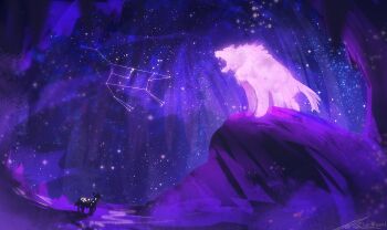 animal big_dipper cliff constellation landscape night no_humans open_mouth original outdoors painterly purple_theme roaring scenery sky star_(sky) starry_sky tree wolf zandra