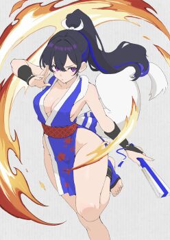 1girl absurdres alternate_costume bare_hips bare_legs black_hair blue_hair breasts chuckeyeroll298 cleavage commentary cosplay fire folding_fan hand_fan high_ponytail highres ichinose_uruha japanese_clothes kimono kuji-in long_hair motoyui multicolored_hair no_bra no_panties pelvic_curtain ponytail purple_eyes revealing_clothes ribbon rope shimenawa shiranui_mai shiranui_mai_(cosplay) sideboob simple_background sleeveless sleeveless_kimono solo streaked_hair untranslatable_commentary virtual_youtuber vspo!