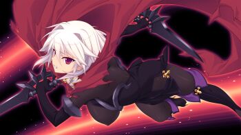 1girl arisia_hellioxenes bodysuit boots breasts cape covered_erect_nipples dagger dual_wielding elbow_gloves game_cg gloves holding knife kourin_tenshi_en_ciel_rena large_breasts large_variant_set looking_at_viewer non-web_source official_art pantyhose red_eyes saitou_natsuki short_hair solo suhamaya sword teeth thigh_boots thighhighs torn_clothes variant_set weapon white_hair