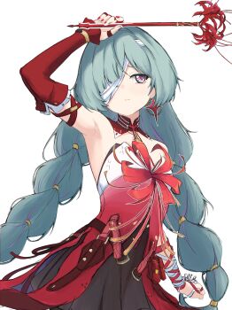 1girl absurdres arm_up bandage_over_one_eye bare_shoulders black_skirt braid breasts closed_mouth cowboy_shot detached_sleeves dress earrings flower grey_eyes grey_hair halter_dress halterneck highres holding holding_flower jewelry long_hair looking_to_the_side low_twin_braids medium_breasts multicolored_hair nail_polish noiriririri phrolova_(wuthering_waves) red_dress red_nails sideways_glance simple_background single_detached_sleeve skirt solo spider_lily streaked_hair twin_braids white_background wuthering_waves