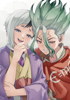 Rule 34 | 2boys, absurdres, asagiri gen, black hair, blue eyes, capelet, dr. stone, e=mc2 (equation), facial mark, green hair, grin, highres, inunununuwann, ishigami senkuu, jacket, japanese clothes, looking at viewer, male focus, multicolored hair, multiple boys, necktie, open mouth, red capelet, red eyes, short hair, smile, spiked hair, teeth, two-tone hair, white background, white hair