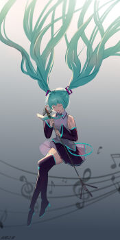 1girl :o absurdres artist_name backlighting bare_shoulders black_boots black_skirt boots chinese_commentary closed_eyes clothes_lift collared_shirt commentary_request detached_sleeves floating_hair floating_neckwear full_body green_hair green_necktie grey_background grey_shirt hatsune_miku highres holding holding_microphone huijin_zhi_ling long_hair long_sleeves microphone miniskirt musical_note necktie open_mouth pleated_skirt sheet_music shirt simple_background singing skirt skirt_lift sleeveless sleeveless_shirt solo thigh_boots thighhighs thighs twintails upskirt very_long_hair vocaloid wide_sleeves zettai_ryouiki