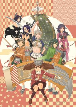 Rule 34 | 6+girls, absurdres, alternate hair length, alternate hairstyle, black gloves, black hair, black jacket, black skirt, black thighhighs, braid, breasts, brown eyes, brown hair, checkered background, flight deck, fur-trimmed jacket, fur trim, gloves, green eyes, green hair, grey hair, grin, hair flaps, halo, headgear, highres, hiryuu (kancolle), jacket, kanji connection, kantai collection, large breasts, long hair, mast, mechanical halo, midriff, multiple girls, muneate, name connection, polearm, pot-de, purple hair, red eyes, ryuuhou (kancolle), ryuuhou kai ni (kancolle), ryuujou (kancolle), scroll, shikigami, shinigami, short hair, single braid, skirt, smile, souryuu (kancolle), sword, taigei (kancolle), tatsuta (kancolle), tatsuta kai ni (kancolle), tenryuu (kancolle), tenryuu kai ni (kancolle), thighhighs, twintails, unryuu (kancolle), visor cap, weapon, yagasuri, yellow eyes