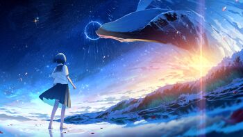 1girl absurdres barefoot beach black_hair black_sailor_collar black_skirt blue_sky cloud commentary_request fantasy fapka feet from_behind highres ocean original petals pleated_skirt reflective_surface sailor_collar scenery school_uniform shirt short_hair short_sleeves skirt sky solo standing star_(sky) sun waving whale white_shirt
