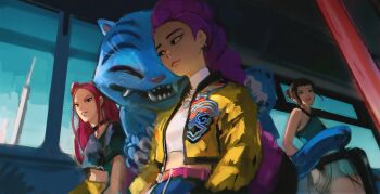 3girls ^_^ art_of_papayou black_hair braid braided_ponytail choker closed_eyes commentary cowboy_shot crop_top derpy_(kpop_demon_hunters) double_bun english_commentary hair_bun highres jacket kpop_demon_hunters long_hair mira_(kpop_demon_hunters) multiple_girls pink_hair purple_hair rumi_(kpop_demon_hunters) sidelocks smile tiger turtleneck unfinished yellow_jacket zoey_(kpop_demon_hunters)