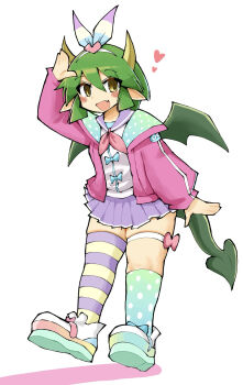 1girl arm_up asymmetrical_legwear blue_bow blue_jacket blue_ribbon blue_socks blush bow brown_eyes character_ornament collar commentary_request draco_centauros dragon_girl dragon_horns dragon_tail dragon_wings fang footwear_bow gradient_socks green_hair green_socks hair_between_eyes hair_ornament hairband heart heart_hair_ornament highres horns jacket kneehighs kurokogeee looking_at_viewer multicolored_ribbon neckerchief official_alternate_costume open_mouth pink_bow pink_jacket pink_neckerchief pleated_skirt pointy_ears polka_dot polka_dot_jacket polka_dot_socks purple_collar purple_ribbon purple_skirt purple_thighhighs puyo_(puyopuyo) puyopuyo puyopuyo_quest ribbon sailor_collar shirt shirt_bow shoes short_hair simple_background single_kneehigh single_sock single_thighhigh skirt smile socks solo striped_clothes striped_thighhighs tail thigh_strap thighhighs two-sided_fabric two-sided_jacket white_background white_hairband white_jacket white_shirt white_shoes white_socks white_straps wings yellow_ribbon yellow_thighhighs zettai_ryouiki