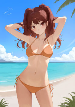 1girl arms_up beach bikini blue_sky breasts brown_eyes brown_hair cloud collarbone commentary_request cowboy_shot day halterneck hands_in_own_hair highres kujikawa_rise looking_at_viewer medium_breasts navel orange_bikini persona persona_4 persona_4_the_golden remo_reko23 side-tie_bikini_bottom sky solo stomach string_bikini swimsuit two_side_up