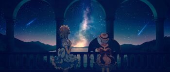 2girls apron back_cutout bat_wings blue_dress bow braid clothing_cutout commentary_request dise_(psychoro) dress feet_out_of_frame frilled_apron frilled_shirt frilled_sleeves frills from_behind galaxy hands_up hat hat_ribbon highres hill holding holding_tray izayoi_sakuya lake landscape light_purple_hair maid maid_apron maid_headdress mob_cap multiple_girls night outdoors partial_commentary petticoat pink_hat puffy_short_sleeves puffy_sleeves railing red_bow remilia_scarlet ribbon scenery shirt shooting_star short_hair short_sleeves silver_hair skirt skirt_set sky standing star_(sky) star_(symbol) star_trail starry_sky touhou tray twin_braids waist_apron wings