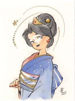 1girl 2025 black_hair black_lips blue_eyes blue_kimono dc_comics gold_tiara hair_bun highres japanese_clothes kimono looking_to_the_side multicolored_kimono painting_(medium) peach_momoko red_kimono sketch solo star_(symbol) star_print tiara traditional_media upper_body watercolor_(medium) wonder_woman wonder_woman_(series)