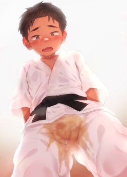1boy 89usagi absurdres bandaid bandaid_on_face bandaid_on_nose blush brown_eyes brown_hair bulge character_request dougi from_below highres karate_gi male_focus open_mouth pee pee_stain peeing peeing_self shota solo stain stained_clothes sweat tears wet wet_clothes