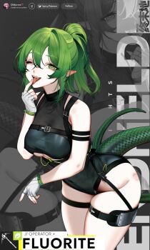 Rule 34 | 1girl, arknights, arknights: endfield, belt, bite mark, black one-piece swimsuit, breasts, commentary, cowboy shot, english commentary, fangs, fingerless gloves, fluorite (arknights), gloves, green eyes, green hair, hair between eyes, hand up, highres, long hair, looking at viewer, ohkurrva, one-piece swimsuit, one eye closed, parted lips, ponytail, smile, snake tail, solo, swimsuit, tail, thigh belt, thigh strap, tongue, tongue out