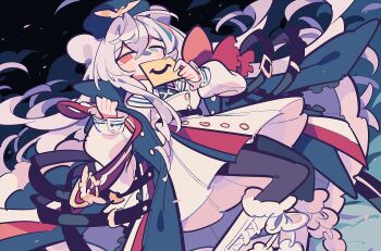 1girl ahoge arknights black_background black_pantyhose blue_coat blue_eyes blue_hat blush boots coat commentary dress false_smile fur-trimmed_boots fur_trim hat heterochromia holding holding_paper long_hair long_sleeves looking_at_viewer one-hour_drawing_challenge pantyhose paper red_eyes rosa_(arknights) simple_background smile solo very_long_hair white_boots white_dress white_hair ym_dpl