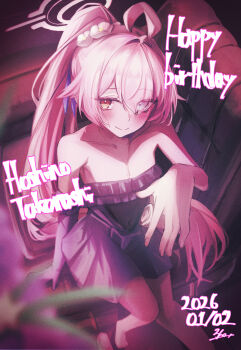 absurdres ahoge blue_archive character_name cocktail_dress covered_navel dated dress elbow_gloves frilled_dress frills gloves halo happy_birthday heterochromia highres hoshino_(blue_archive) hoshino_(dress)_(blue_archive) huge_ahoge looking_at_viewer official_alternate_costume pink_hair pink_halo rontuta6 single_glove sitting smile strapless strapless_dress