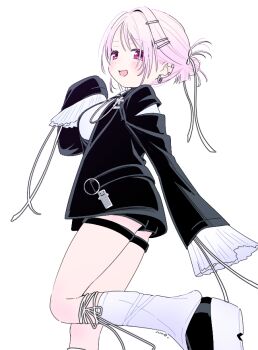 1girl :d black_jacket black_shorts colored_shoe_soles frilled_sleeves frills hair_bun hair_ornament hair_ribbon hairclip hashtag-only_commentary jacket leg_warmers looking_at_viewer mopyo nijisanji official_alternate_costume open_mouth parallel_hairclips pink_eyes pink_hair platform_shoes ribbon shiina_yuika shiina_yuika_(14th_costume) short_shorts shorts simple_background sleeves_past_fingers sleeves_past_wrists smile solo thigh_strap virtual_youtuber white_background white_leg_warmers