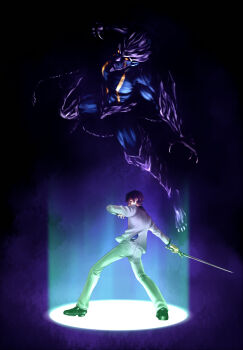 1boy anbe_yoshirou atlus bad_id bad_pixiv_id claws earrings highres jewelry light looking_back persona persona_1 purple_hair school_uniform seimen_kongou summoning sword toudou_naoya weapon y_ambe yellow_eyes