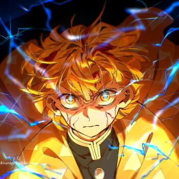 Rule 34 | 1boy, agatsuma zenitsu, blonde hair, closed mouth, commentary request, demon slayer uniform, facial tattoo, haori, japanese clothes, kimetsu no yaiba, kisaragi byakko, lightning, looking at viewer, short hair, tattoo, yellow eyes, yellow haori