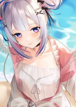 1girl absurdres ahoge amane_kanata amane_kanata_(summer) angel angel_wings arms_behind_back bikini black_bow black_choker blue_hair blue_skirt bow breasts choker commentary_request cross-laced_bikini cross-laced_clothes double_bun embarrassed feathered_wings frilled_straps grey_hair hair_bow hair_bun hair_intakes hair_ornament highres hololive jacket lace lace_choker long_sleeves mini_wings navel official_alternate_costume open_mouth pink_bow pink_hair puffy_short_sleeves puffy_sleeves purple_eyes see-through_clothes see-through_shirt shirt short_hair short_sleeves skirt small_breasts smallpine_7 solo swimsuit upper_body virtual_youtuber white_bikini white_jacket white_wings wings x_hair_ornament
